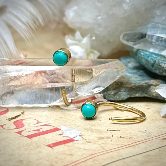 18k Gold Plated Sterling Silver Dry Creek Turquoise Huggie Hoop No Back Earrings - Picture 5 of 11